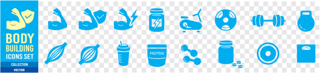 Protein, Gym, Bodybuilding, Fitness, Health, Muscle editable stroke icons set collection vector - obrazy, fototapety, plakaty