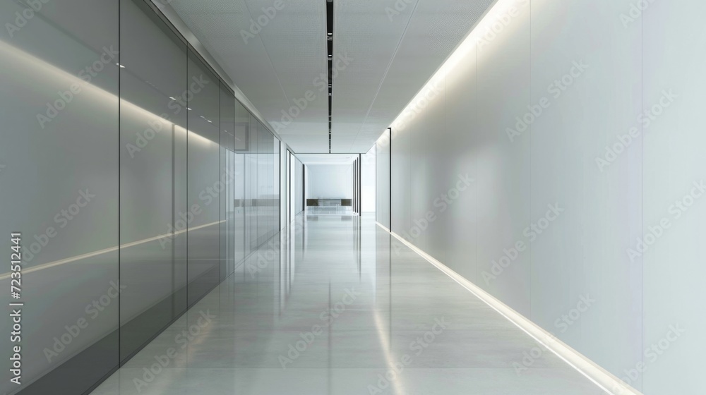 Poster a minimalist hallway in an office with sleek white walls and a series of recessed lights creating a 
