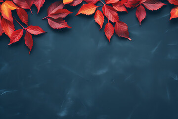 Autumn leaves on dark blue background with copy space for text.