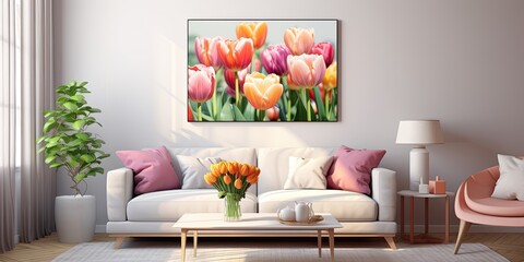 Living room with sofa and tulip flowers on small table