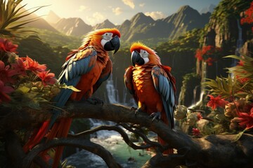 A pair of macaws in a tropical jungle - obrazy, fototapety, plakaty