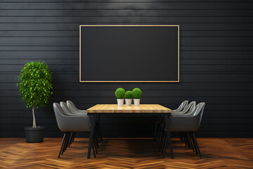Dark dining room interior with black walls, wooden floor, wooden floor and long black table with black chairs. 3d rendering