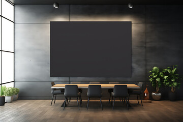 Dark dining room interior with black walls, wooden floor, wooden floor and long black table with black chairs. 3d rendering