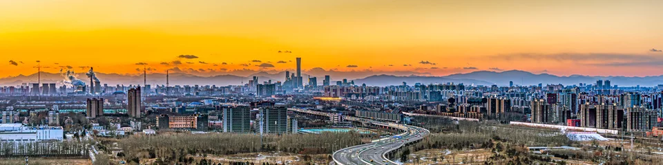 Rolgordijnen Beijing city traffic flow CBD building complex overpass in the evening © 文普 王