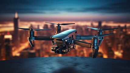 Drone flying over city skyline at dusk with illuminated buildings in the background.
