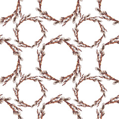 Seamless pattern with watercolor willow and wreath on white background. Hand-drawn brown branch herb for spring Easter decor. Botanical antique bouquet for wallpaper and wrapping. Nature art © NatashaKun