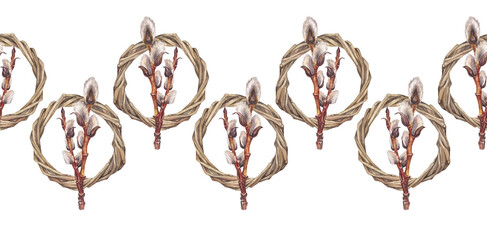 Seamless border with watercolor willow and wreath on white background. Hand-drawn brown branch herb for spring Easter decor. Botanical antique bouquet for wallpaper and wrapping. Nature rim pattern