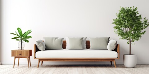 Scandinavian sofa in stylish living room with wooden coffee table and white vase holding green leaf.