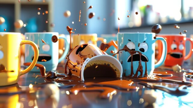 A chaotic scene in the coffee mug conference meeting as one mug spills coffee all over the table causing a frenzy a the others to avoid getting soaked.