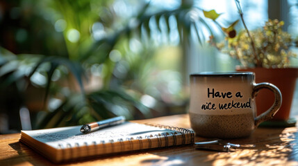 Cozy weekend setting with a coffee mug and notebook on a wooden table.