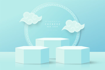 Modern blue 3D hexagon podium pedestal realistic with chinese pattern on circle background and clouds floating. Minimal scene for product mockup. Promotion stage and Happy Chinese New Year. - obrazy, fototapety, plakaty