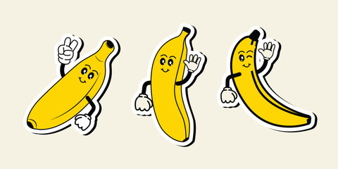Set of sticker banana vector designs in cool yellow color. Trendy cute smile patch.