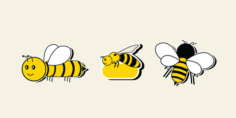 Set of sticker vector bee designs in cool yellow color. Trendy cute smile patch.
