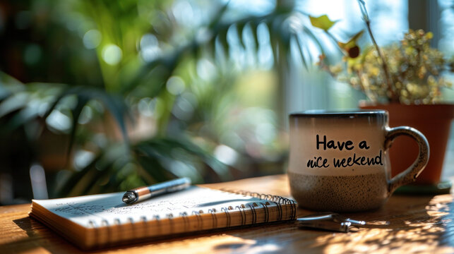 Cozy weekend setting with a coffee mug and notebook on a wooden table.