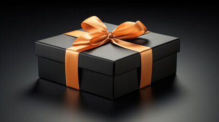 Obraz premium Stylish black gift box with a shiny gold ribbon on a reflective surface.