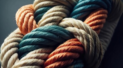 intertwined colorful ropes in shades of blue, beige, and red