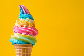 Naklejka premium Colorful Delight: Rainbow Swirl Ice Cream Cone Against Yellow Backdrop