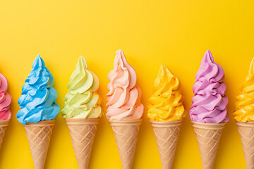 Colorful Delight: Rainbow Swirl Ice Cream Cone Against Yellow Backdrop