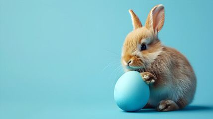 Fototapeta na wymiar Easter Bunny Rabbit on Blue Background with Blue Painted Egg, copy space, generative ai