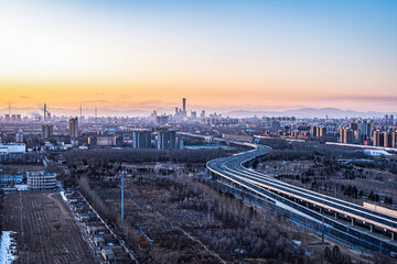 Beijing city traffic flow CBD building complex overpass in the early morning in Beijing