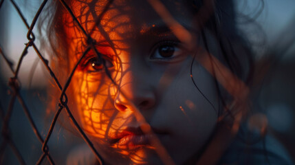 A child's face is partially illuminated through a fence at dusk, highlighting the personal toll of immigration.