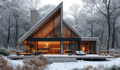 House with large glass windows and covered terrace in winter. Generative AI