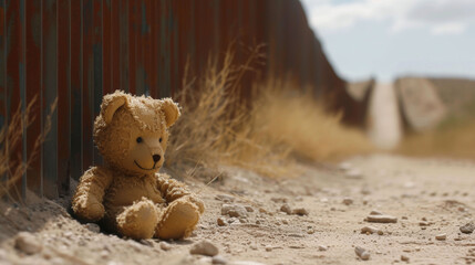 A lone teddy bear sits against a border fence, a silent symbol of childhood disrupted by migration. - obrazy, fototapety, plakaty