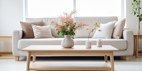 Scandinavian living room with trendy decor, including flowers on wooden coffee table.