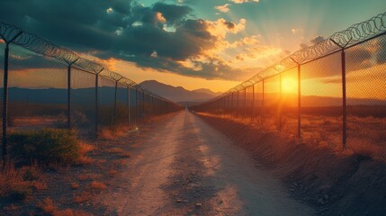 The sun sets behind a border fence on a deserted path, casting a poignant light on the immigration issue. - obrazy, fototapety, plakaty