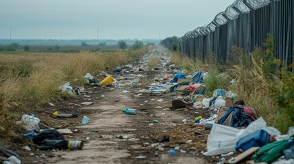 Debris and discarded belongings clutter a road between border fences, the silent witness of migration struggles.