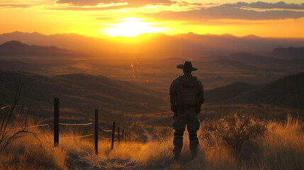 Fototapeta premium A border patrol officer surveys the landscape at dawn, facing the challenges of border enforcement.