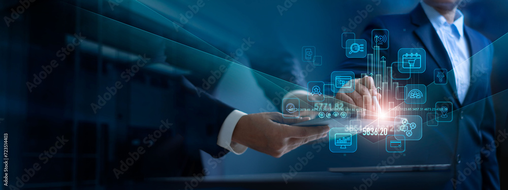 Leinwandbilder Digital online marketing, Business Team using tablet and analysis sale data graph growth on modern interface icons on strategy, Solution analysis and development contents on global network connection.