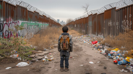 A child with a backpack facing a graffiti-covered wall in a desolate area, symbolizing isolation.