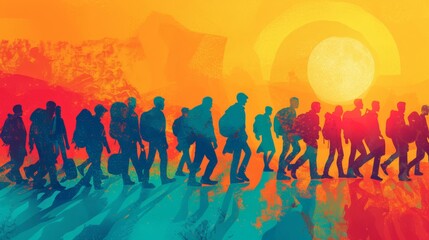 Fototapeta premium Silhouettes of people walking in a line against a vibrant sunset, depicting migration.