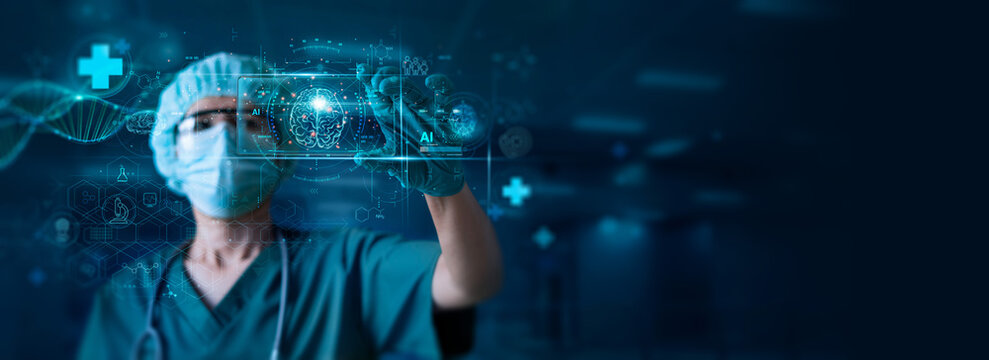 Doctor checking brain testing result with innovative medical technology diagnose and examine patient brain with intelligence software. AI, Medical healthcare and digital science in futuristic.
