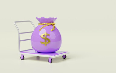 money bag on warehouse trolley icon 3d, platform trolley isolated. investment or business finance, loan concept, 3d render illustration