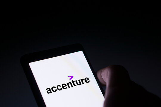 Dhaka, Bangladesh - 14 March 2024: Accenture plc  logo is displayed on smartphone.