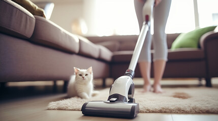 Person Cleaning Carpet with Vacuum Cleaner in Living Room with a Cat Watching. Home Cleaning Concept
