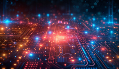 Obraz premium blue and red circuit board background with blue lights