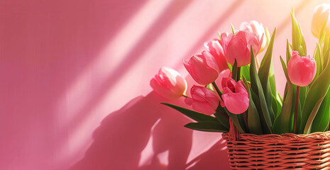 Sunlit Elegance: Pink Tulips in Morning Light.
Radiant pink tulips in a wicker basket basking in the soft morning sunlight, exuding elegance and freshness.