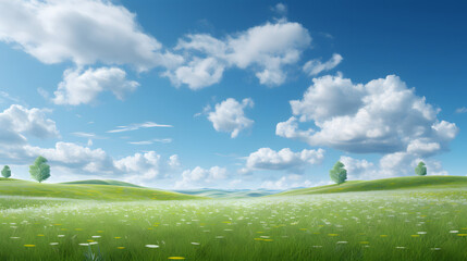 Fototapeta premium Illustration background, Beautiful grassy fields and summer blue sky with fluffy white clouds in the wind