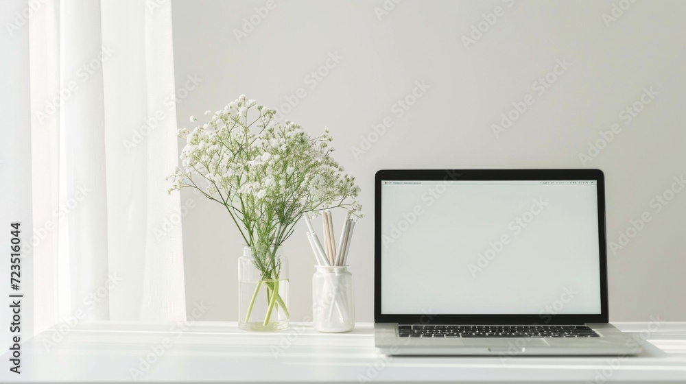 Poster a serene concept of a minimalist desk setup featuring a white desk with a single vase of wildflowers