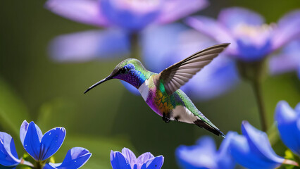 Fototapeta premium Hummingbird hovering over blue flower.