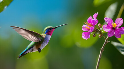 Colorful hummingbird hovering in front of a flower.