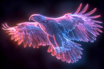 Neon illustration of a soaring eagle isolated on black background Created with generative AI.