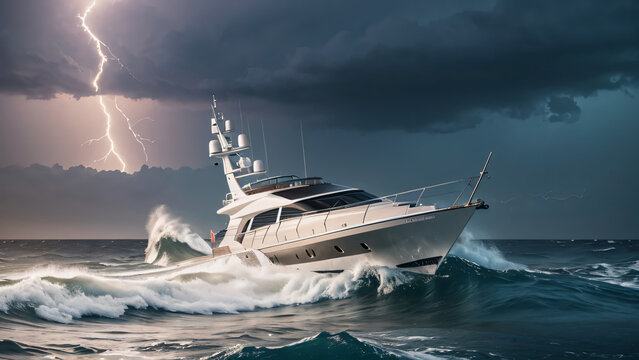 Yacht in rough sea, storm at sea, generated by AI.