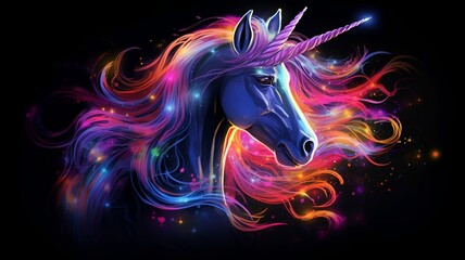 psychedelic unicorn head on a magical black background – captivating illustration with whimsical vibes