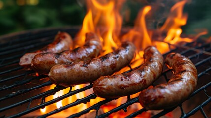 Fototapeta premium Grilled juicy sausages on a grill with fire.