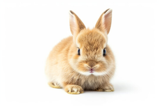 Close up photograph of a full body baby bunny isolated on a solid white background	