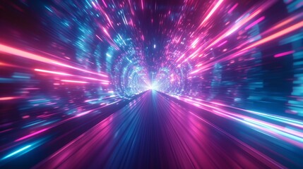 Futuristic abstract tunnel lit with a spectrum of neon colors, concept of  sci-fi energy and cyber travel